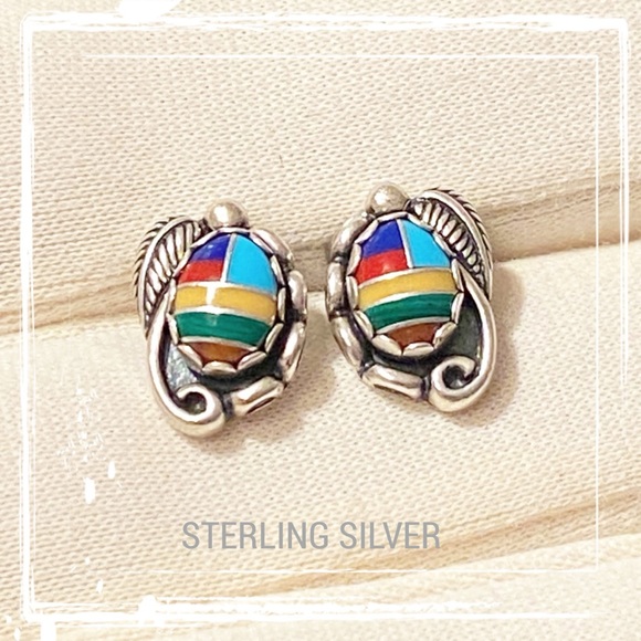Native Jewelry - CH WHEELER MANUFACTURING CO Sterling Silver Natural Stone Inlay Post Earrings